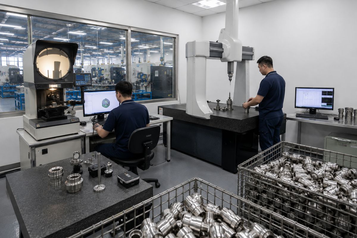 Quality room with coordinate measuring machine and optical comparator checking camlock fittings