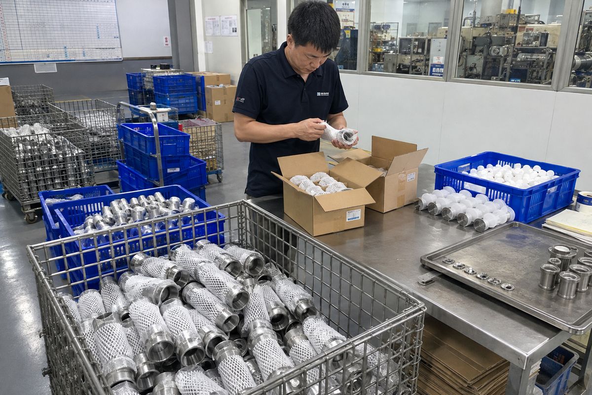 Operator sleeving and boxing stainless steel fittings before shipment