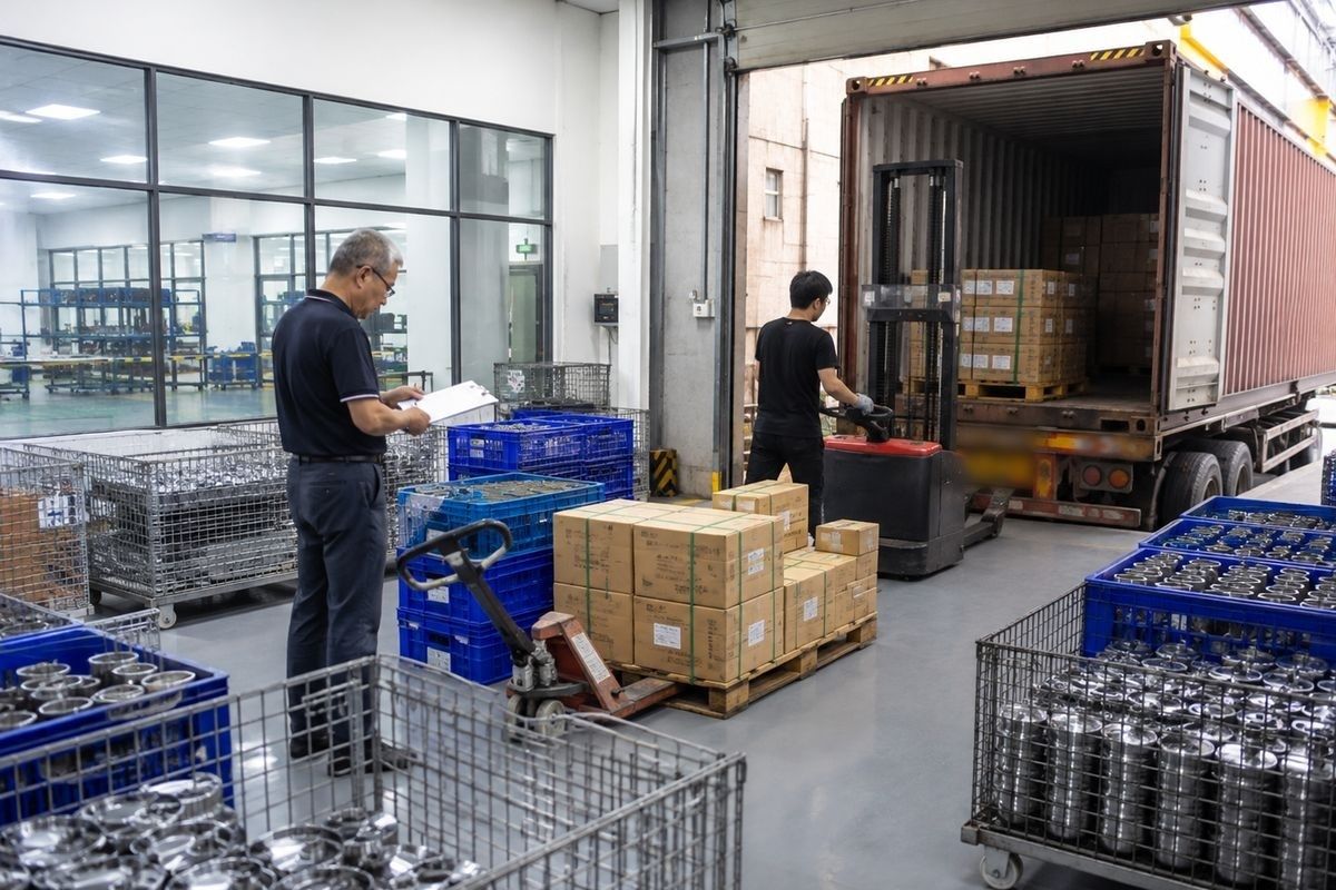 Pallets of fittings being loaded into a shipping container at the Sunze factory