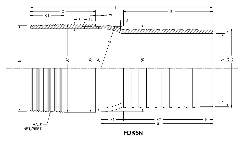 FDK5N grooved KC nipple dimensional drawing showing L, B, B1, C, C1, K, K1, K2, D1 to D7, t, t1, t2 and W dimensions with male NPT / BSP thread