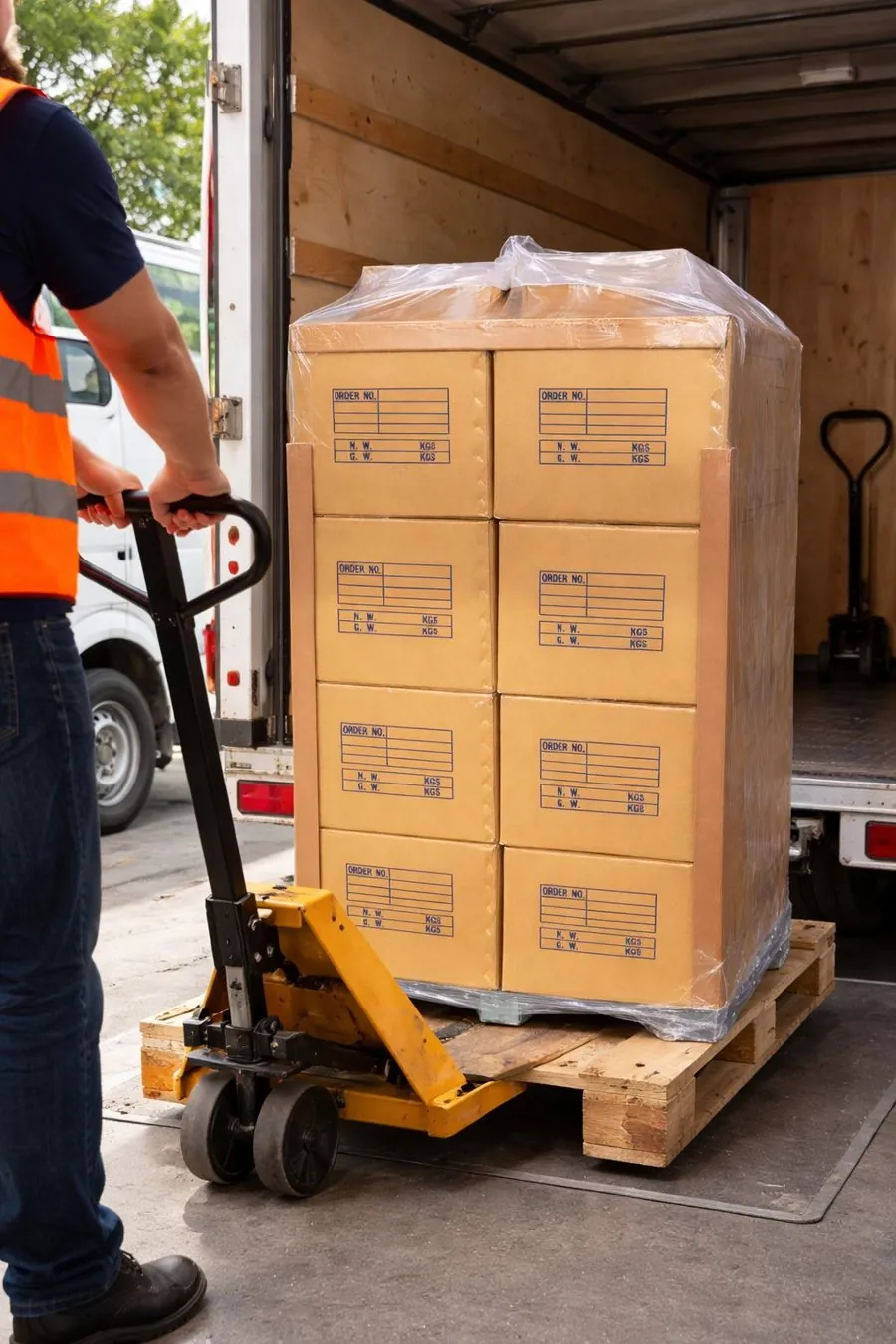 Palletized export shipment of pipe fittings being loaded