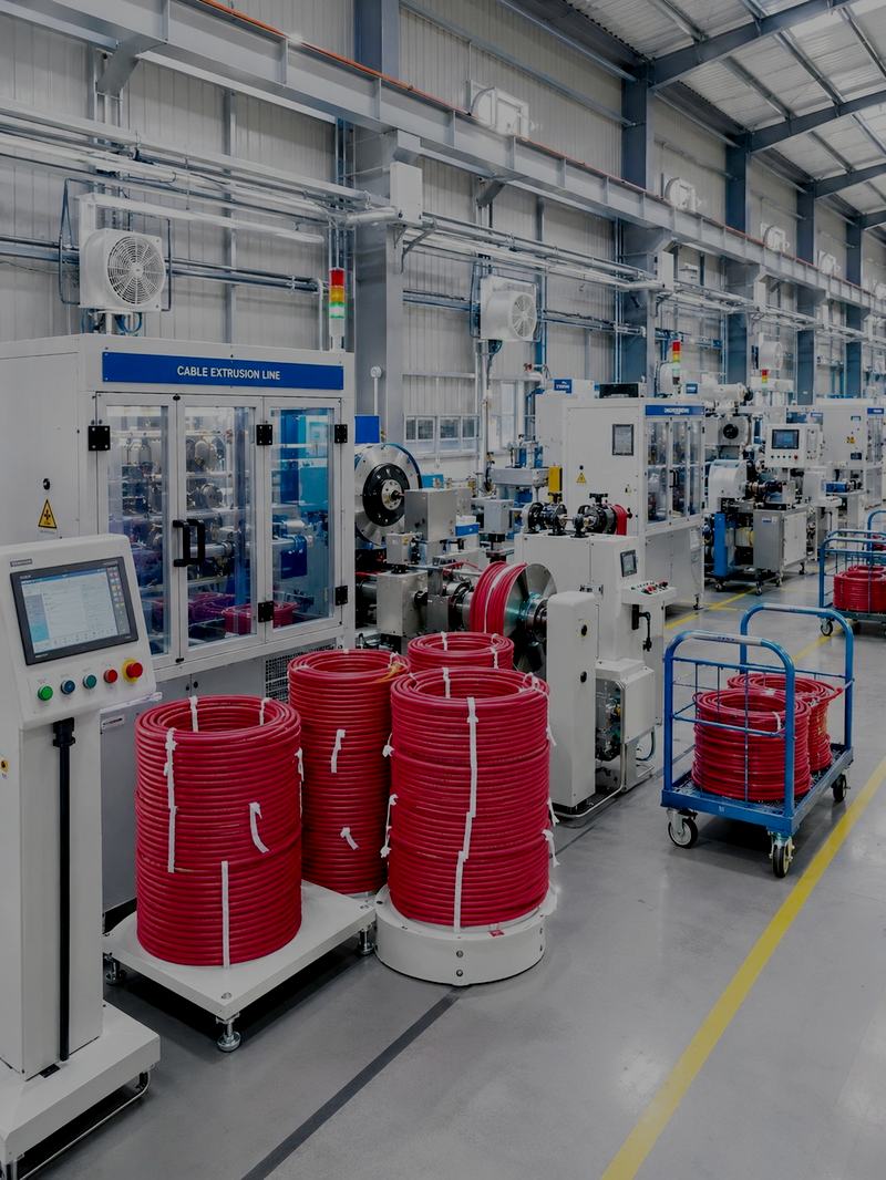 Cable and hose extrusion line producing red welding hose in the SUNZE factory